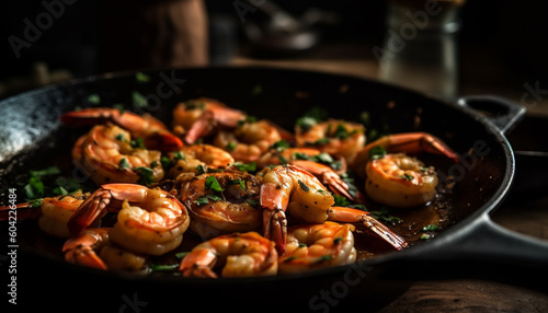 Grilled prawn and scampi on cast iron, a gourmet delight generated by AI