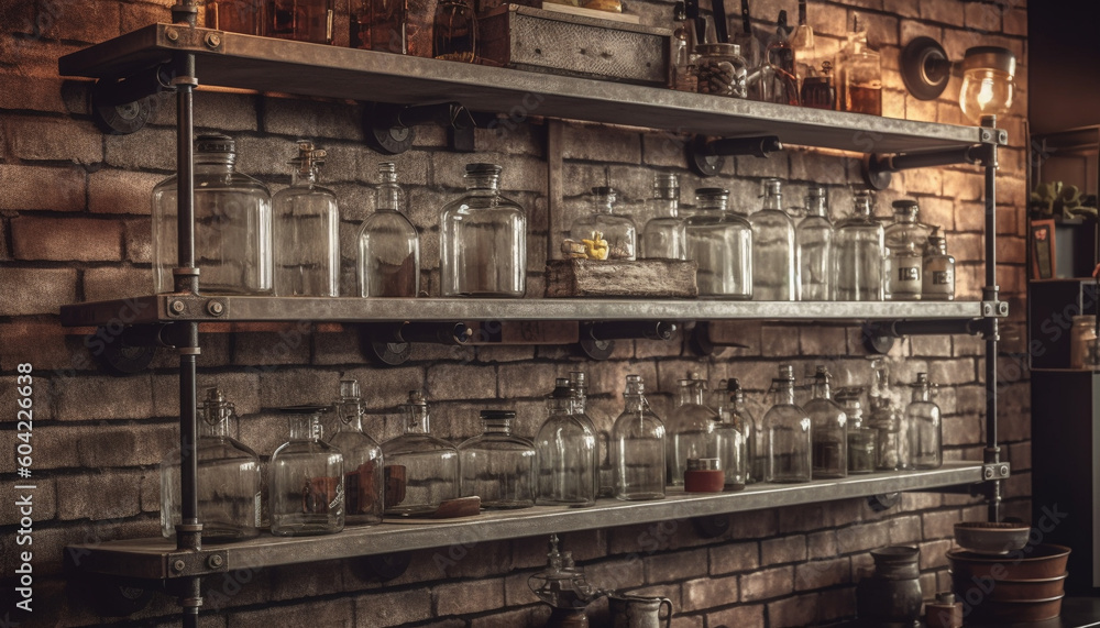 Scientific experiment collection old glass bottles on laboratory shelf generated by AI