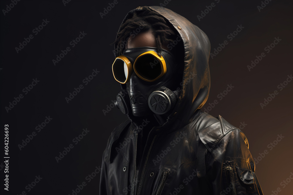 Portrait of black stylish male model in yellow glasses, gas mask and jacket with hood on dark background. Modern creative post-apocalyptic fashion concept. Generative AI