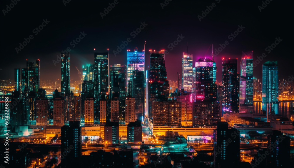 Obraz premium City skyline glows with multi colored lights, a futuristic metropolis generated by AI
