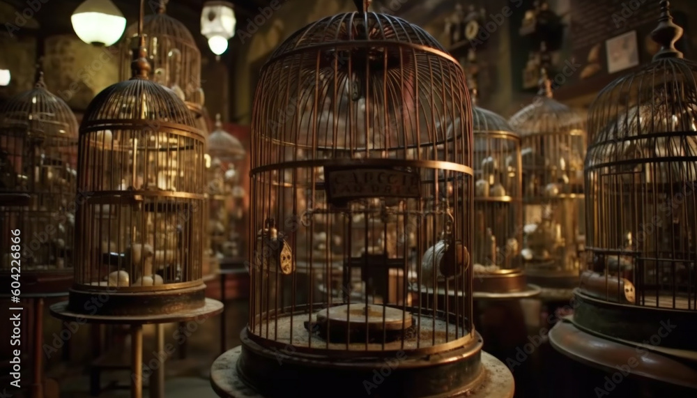 Rustic birdcage decoration hangs in antique store, illuminated by lantern generated by AI