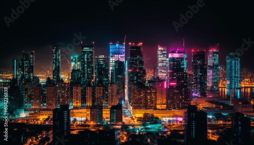 City skyline glows with multi colored lights, a futuristic metropolis generated by AI © Stockgiu