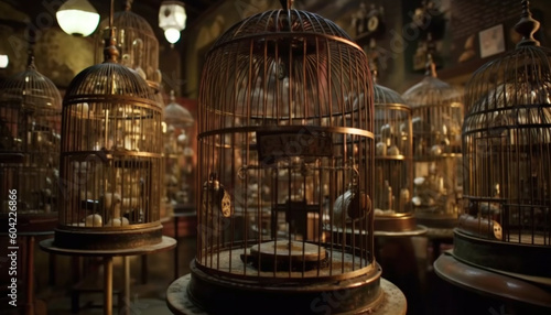 Rustic birdcage decoration hangs in antique store  illuminated by lantern generated by AI