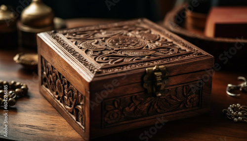 An antique wooden box with ornate metal decoration and lid generated by AI