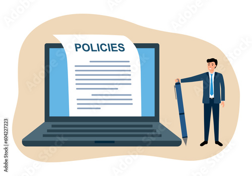 Businessman writing policy document on computer concept vector illustration.