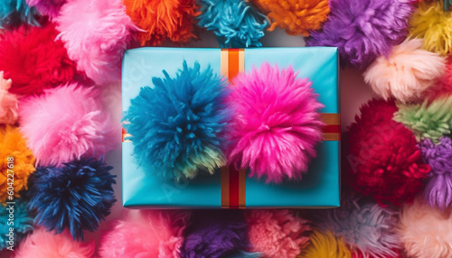 Gift packet with multi colored paper and flower decoration for celebration generated by AI