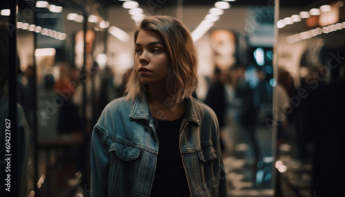 One confident young woman standing in illuminated subway station at night generated by AI