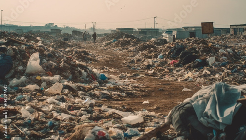 Plastic bottles stack high in unhygienic African junkyard chaos generated by AI