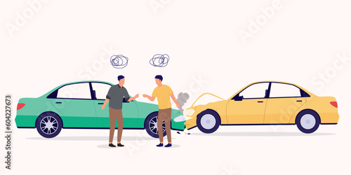 Two Angry Men’s Driver Disputing Fault In A Car Accident. Full Length. Flat Design Style, Character, Cartoon.