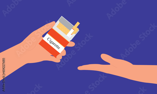A Person’s Hand With Cigarette Box Offering Cigarette And Another Person’s Hand In Acceptance Gesture. Close-Up. Flat Design Style, Character, Cartoon.