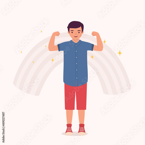 One Smiling Little Boy Standing And Flexing Both Of His Biceps Muscles. Full Length. Flat Design Style, Character, Cartoon.