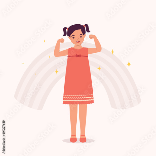 One Smiling Little Girl Standing And Flexing Both Of Her Biceps Muscles. Full Length. Flat Design Style, Character, Cartoon.