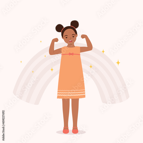 One Smiling Little Black Girl Standing And Flexing Both Of Her Biceps Muscles. Full Length. Flat Design Style, Character, Cartoon.