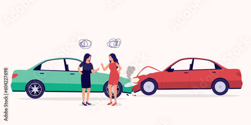 Two Angry Women’s Driver Disputing Fault In A Car Accident. Full Length. Flat Design Style, Character, Cartoon.