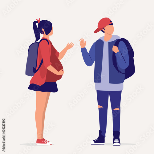 Irresponsible Teenage Boy Denying His Girlfriend’s Pregnancy. Full Length. Flat Design Style, Character, Cartoon.