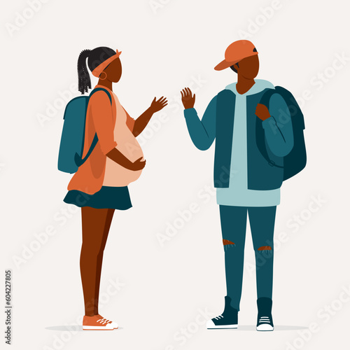 Irresponsible Black Teenage Boy Denying His Girlfriend’s Pregnancy. Full Length. Flat Design Style, Character, Cartoon.
