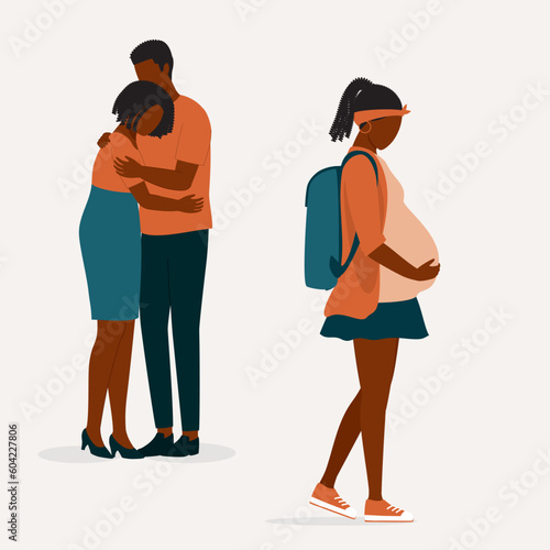 Black Teenage Pregnant Girl Being Rejected By Her Parents. Parent Feeling Sad, Disappointed And Ashamed With Their Teenage Pregnant Daughter. Full Length. Flat Design Style, Character, Cartoon.