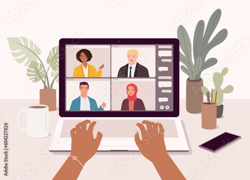 Black Female’s Hand On Keyboard With Laptop’s Screen Showing Diverse Group Of Employee Attending A Online Meeting. Flat Design Style, Character, Cartoon.
