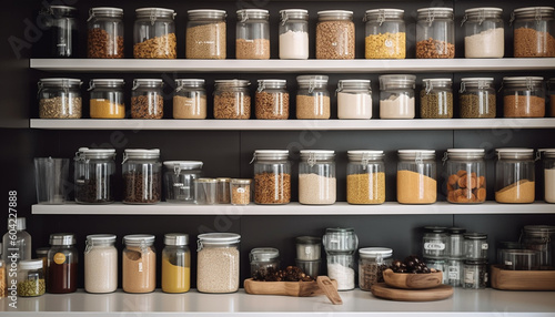 A collection of healthy spices in glass containers on shelf generated by AI