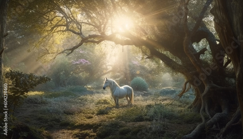 Tranquil scene Stallion grazes in meadow, surrounded by autumn trees generated by AI