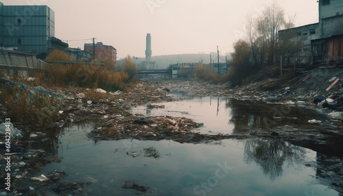 Abandoned factory ruins reflect environmental destruction and toxic waste heap generated by AI © Stockgiu