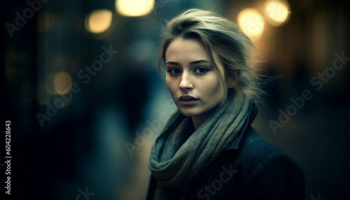 One young adult woman, outdoors, looking at camera with confidence generated by AI © Stockgiu