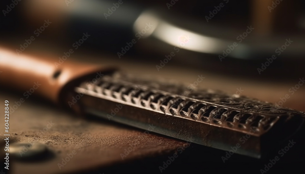 Sharp steel blade cuts leather for handmade musical instrument design generated by AI Sharp steel blade cuts leather for handmade musical instrument design generated by AI