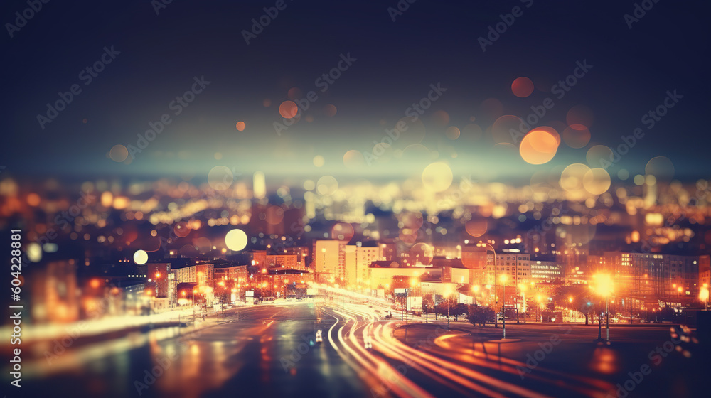 Night city aerial view defocused, dark background with beautiful  bokeh and motion blur 
