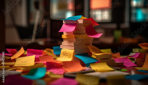 Creative chaos on desk inspires business success with colorful reminders generated by AI