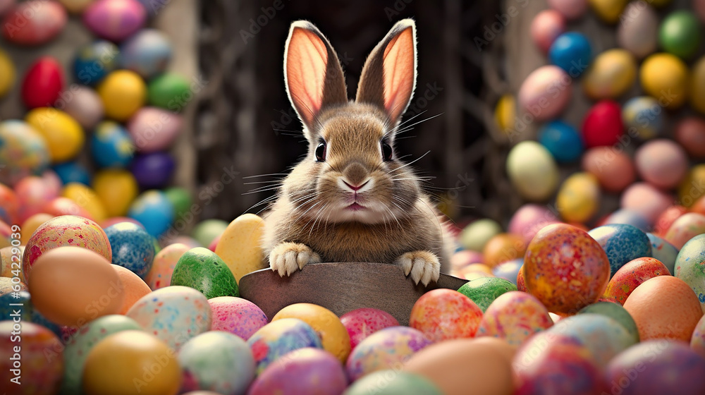 Happy easter bunny with many colorful easter eggs. 