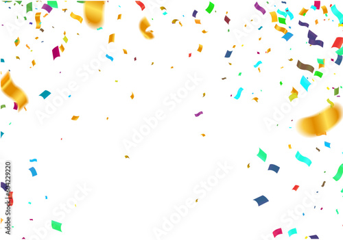 Confetti background. Colorful confetti on white background. Holiday vector illustration.