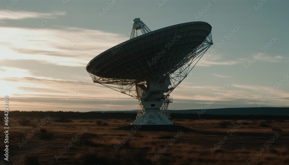 Global communications explore space with radio telescope at sunset generated by AI Global communications explore space with radio telescope at sunset generated by AI