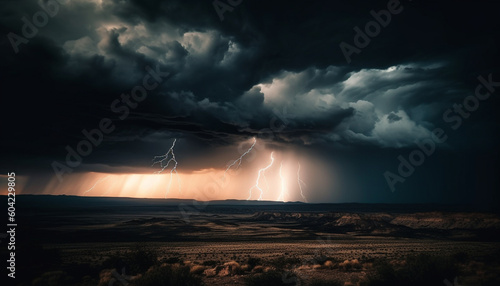 Dramatic sky unleashes electricity in ominous thunderstorm, danger outdoors generated by AI