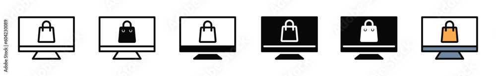 Online shop icon. Shopping bag on computer icon vector in line, flat, and color style on white background with editable stroke for apps and websites. Vector illustration Online shop icon. Shopping bag on computer icon vector in line, flat, and color style on white background with editable stroke for apps and websites. Vector illustration