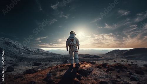 One person standing on mountain peak, backpack, enjoying sunset generated by AI © Stockgiu