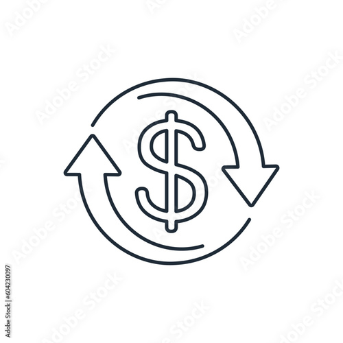 Movement arrows and dollar sign. Additional, reserve financing.Vector linear icon isolated on white background.