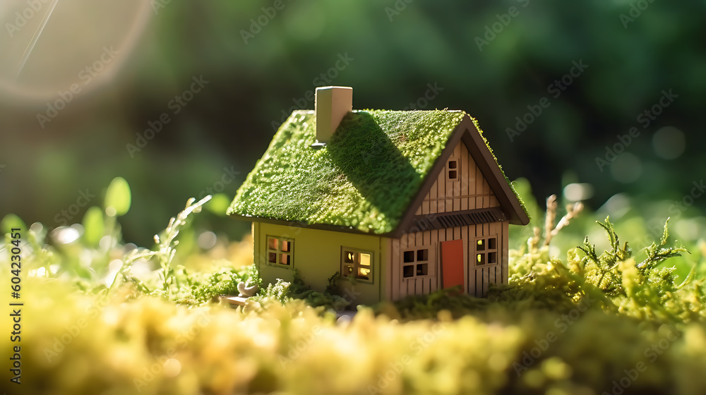 Green and environmentally friendly housing concept, Miniature wooden house in spring grass, eco concept, Generative AI Technology 