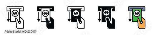 Cash withdrawal icon. Withdraw money into the ATM slot symbol in line, flat, and color style on white background with editable stroke for apps and websites. Vector illustration