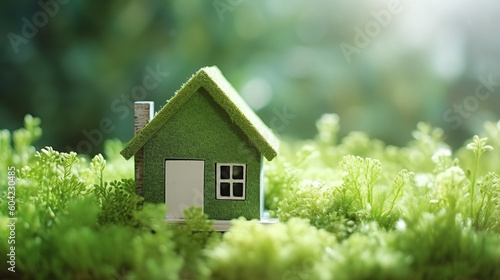 Green and environmentally friendly housing concept, Miniature wooden house in spring grass, eco concept, Generative AI Technology 