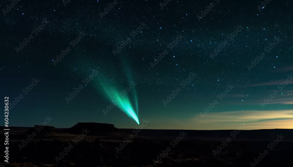 Night adventure: Glowing star trail illuminates majestic mountain landscape generated by AI
