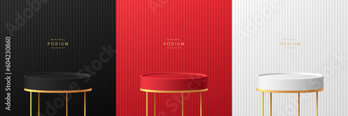Set of red, black and silver 3D cylinder podium background on golden easel. Luxury wall minimal scene mockup product stage showcase, Cosmetic banner promotion display. Abstract vector geometric forms.
