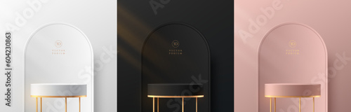Set of 3D silver, black and pink gold cylinder podium with golden legs background. Luxury minimal wall scene mockup product stage showcase, Banner promotion display. 3D Abstract vector geometric forms