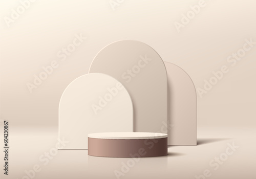 Realistic 3D brown and cream cylinder pedestal podium background with layers arch backdrop. Wall minimal scene mockup product stage showcase, Cosmetic promotion display. Abstract vector empty platform