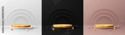 Set of silver, black and pink gold realistic 3D cylinder podium background with semi circles and beads. Wall minimal scene mockup product stage showcase, Promotion display. Abstract geometric forms.