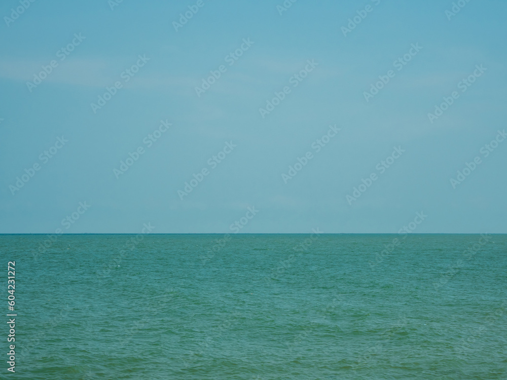 Panorama front view landscape Blue sea and sky blue background morning day look calm summer Nature tropical sea Beautiful  ocen water travel Bangsaen Beach East thailand Chonburi Exotic horizon.