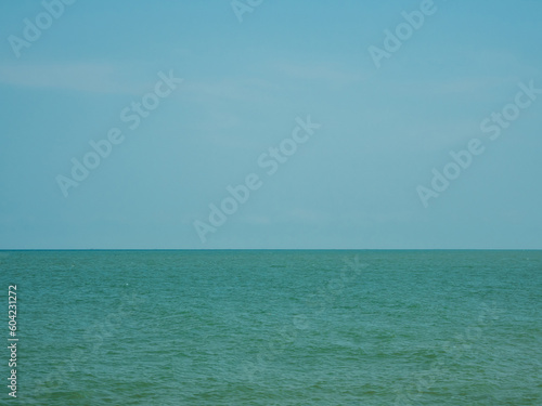 Panorama front view landscape Blue sea and sky blue background morning day look calm summer Nature tropical sea Beautiful ocen water travel Bangsaen Beach East thailand Chonburi Exotic horizon.