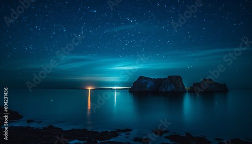 The tranquil scene of the coastline illuminated by moonlight generated by AI