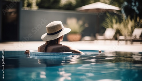 One woman, enjoying the sun and relaxation by the poolside generated by AI