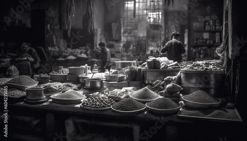 Fototapeta Naklejka Na Ścianę i Meble -  Indian vendor sells spice and vegetable in bustling street market generated by AI