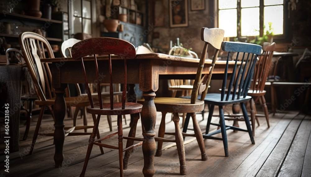 Rustic metal chairs adorn modern dining table in cozy pub generated by AI